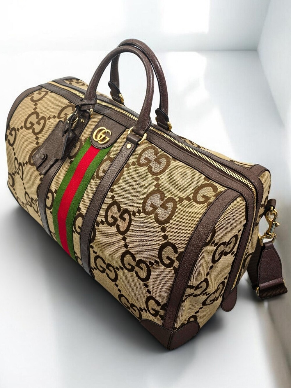 Gucci Jumbo GG Canvas Leather Large Travel Duffle Bag 55 With Strap